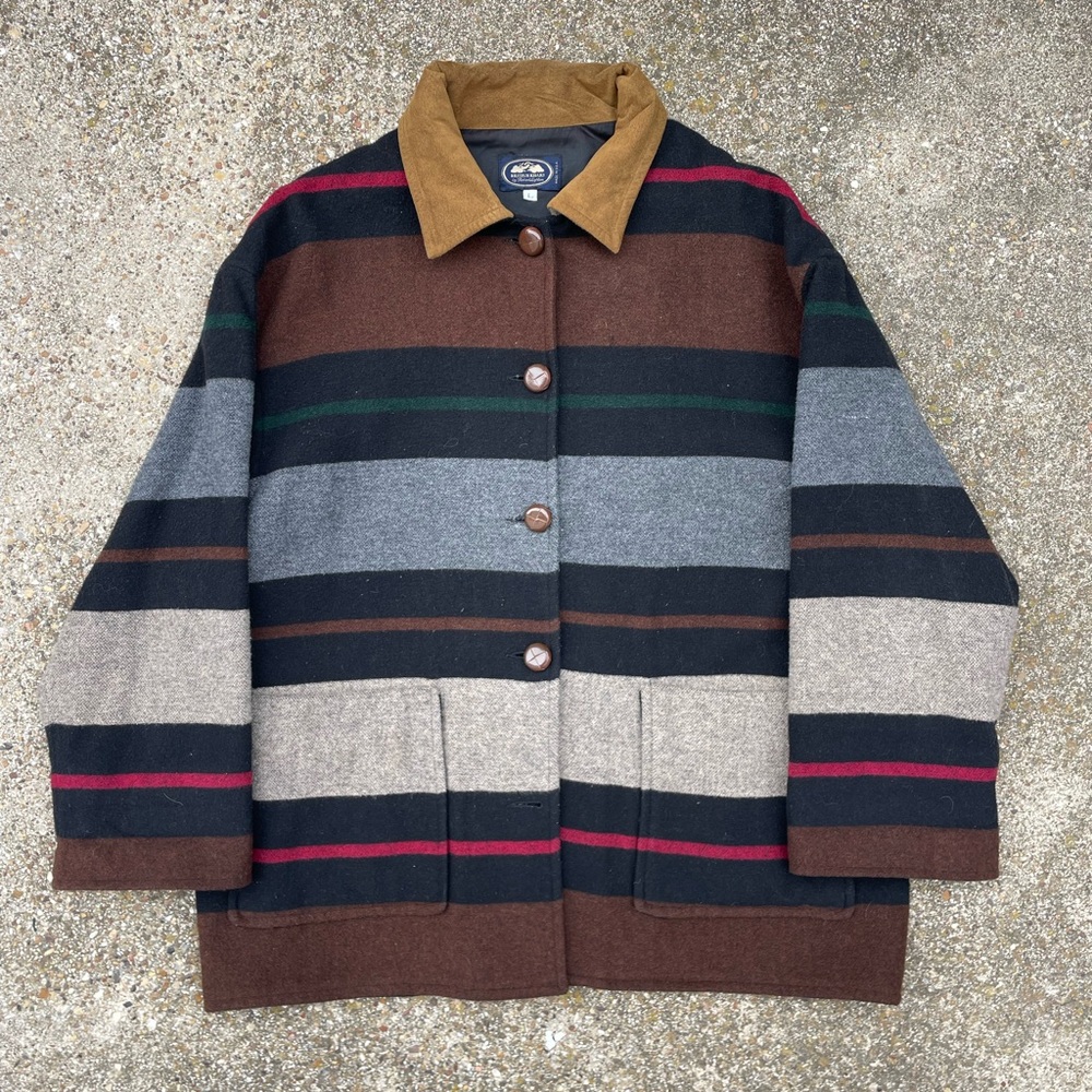 British Khaki Multicolor Striped Wool Blend Coat Woolrich Style USA